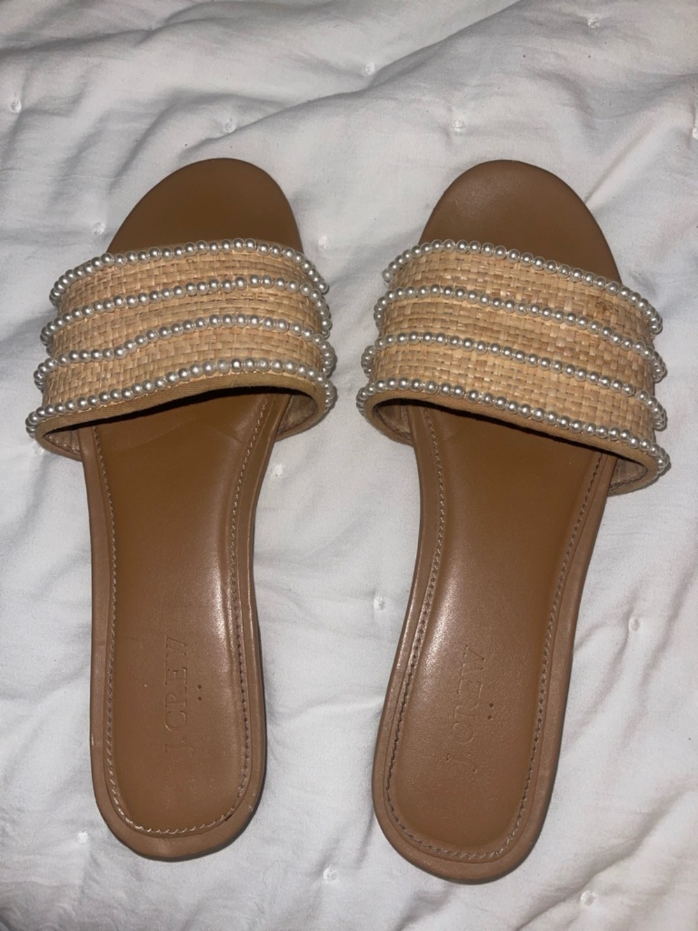 J. Crew Tan Raffia Slide Sandals with Pearl Trim